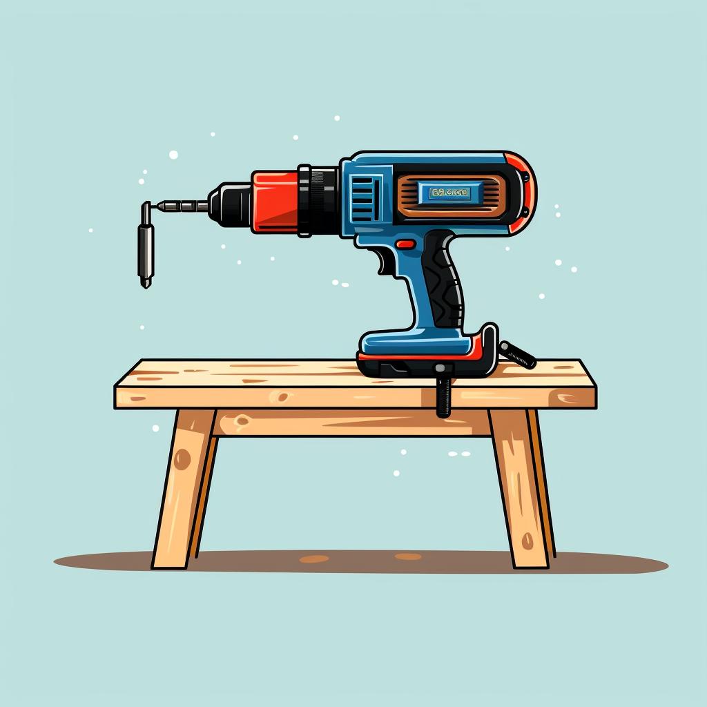 A power drill assembling the frame of a wooden bench.