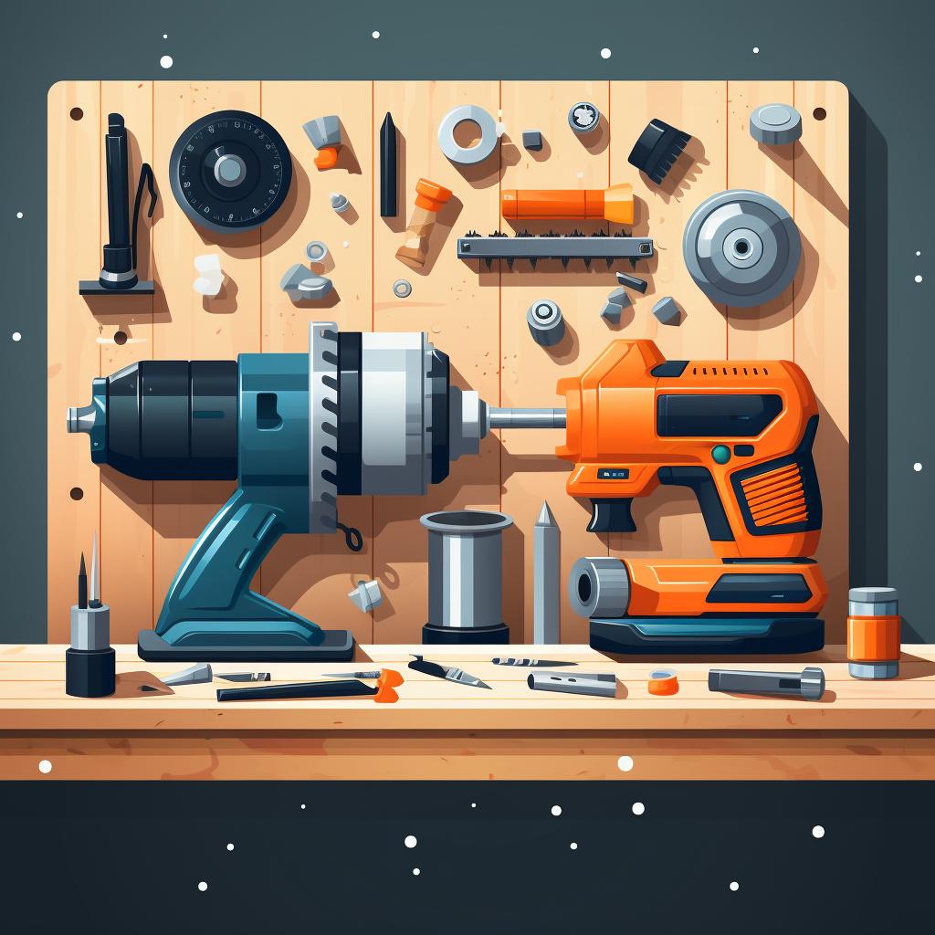 A set of power tools and materials needed for the project on a workbench.