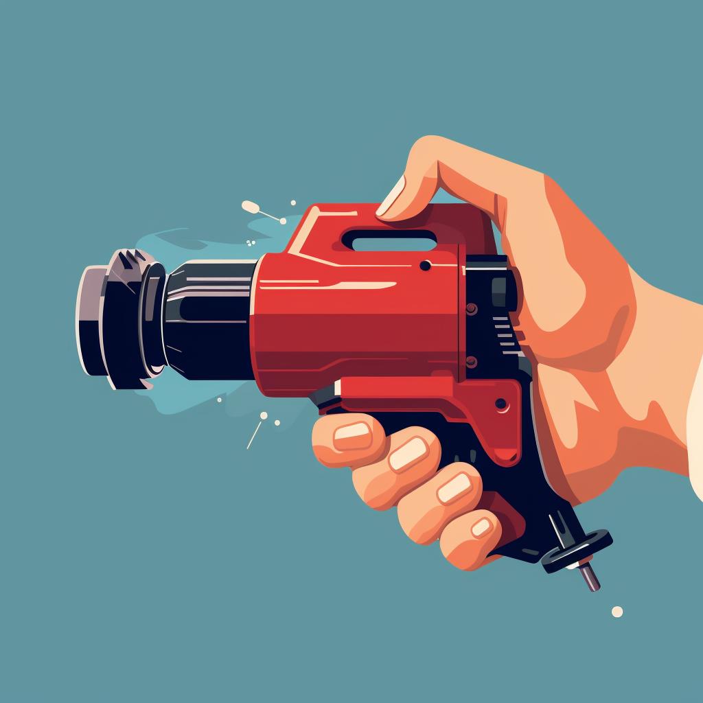 Hands cleaning a power tool with a brush and compressed air