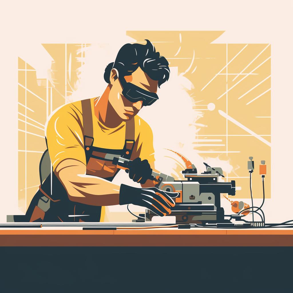 A person wearing safety goggles and gloves, with an unplugged power tool on a workbench.