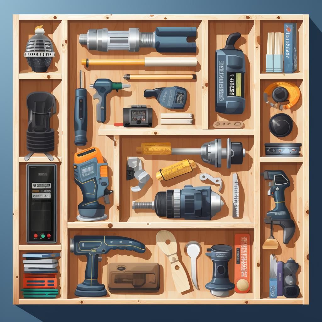 A flat lay of power tools and materials needed for building a bookshelf.