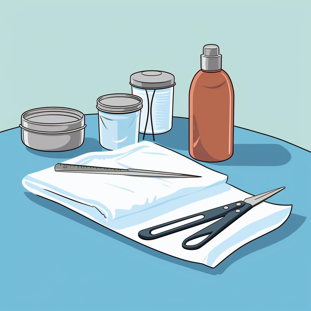 A thin needle, pliers, clean cloth and small container arranged on a table.