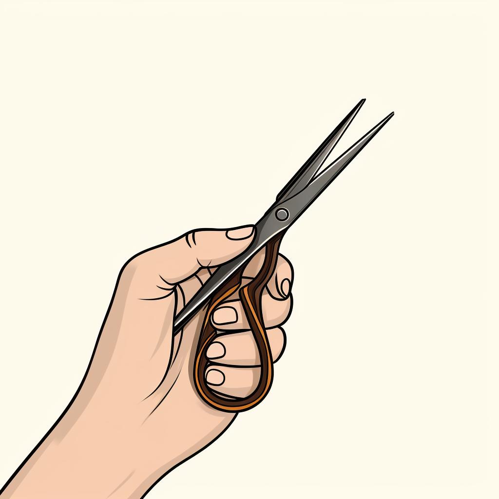 Hand holding thinning shears positioned midway down a section of hair