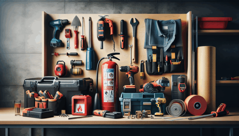 alt_text: A safe, organized workspace featuring power tools and essential fire safety items for preparedness.