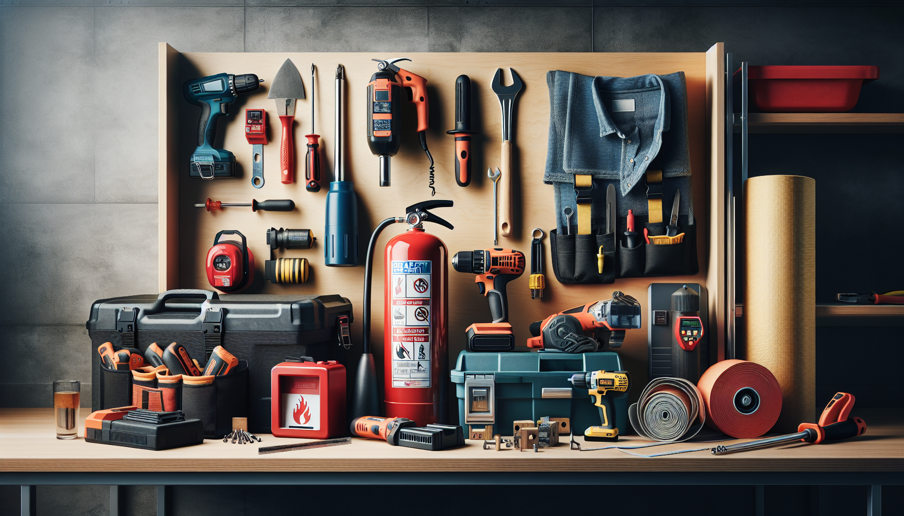 alt_text: A safe, organized workspace featuring power tools and essential fire safety items for preparedness.
