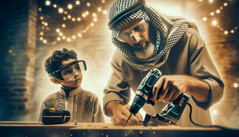 alt_text: A parent safely using power tools while a child observes from a secure distance, emphasizing safety.
