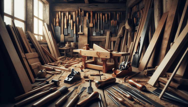 alt_text: A rustic workshop features a woodwork scene with tools and a project, embodying traditional carpentry.