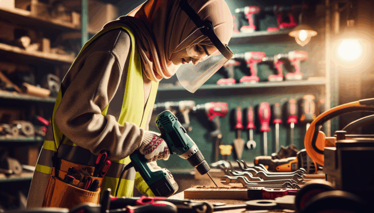 alt_text: A well-lit workshop showing power tools and a safety-conscious person, emphasizing safe operation.