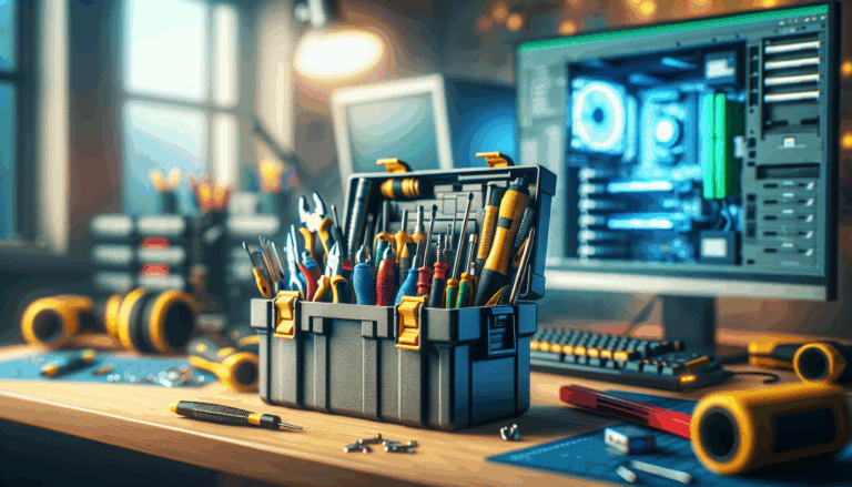 alt_text: A toolbox filled with computer repair tools, set against a blurred workstation background.
