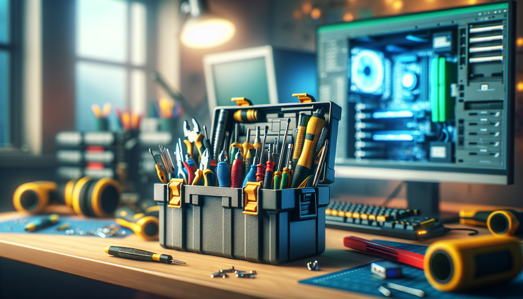 alt_text: A toolbox filled with computer repair tools, set against a blurred workstation background.