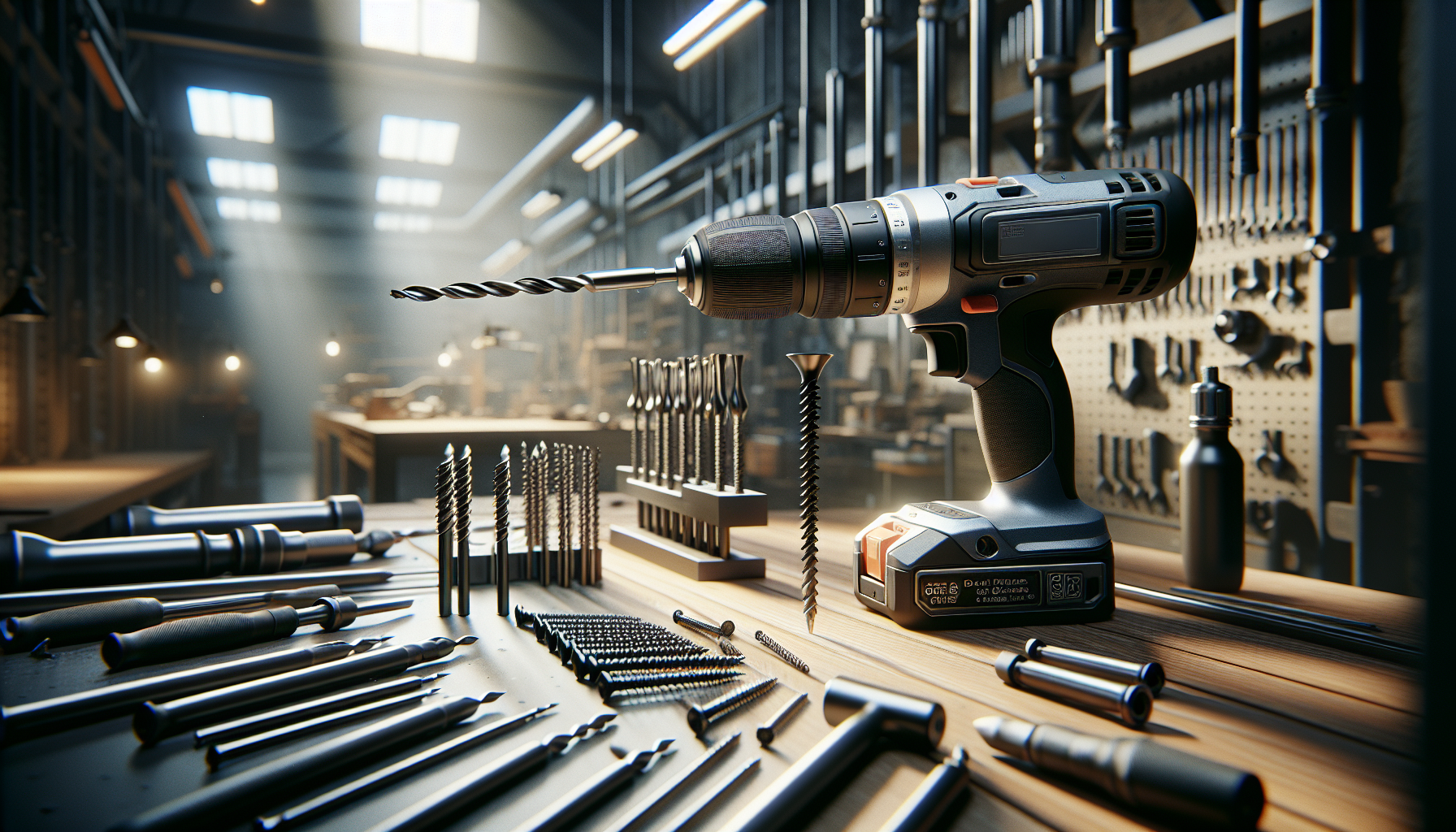 alt_text: A power drill aligns perfectly with a screw in a well-organized workshop, highlighting tool tips.
