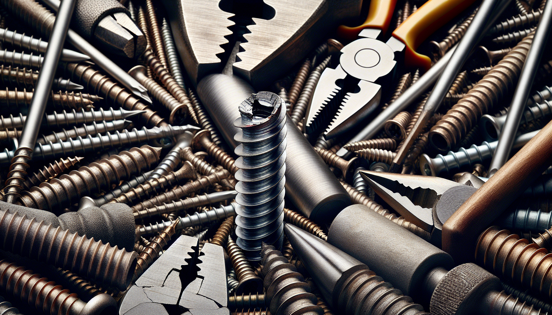 alt_text: Close-up of a stripped screw with tools, illustrating DIY frustrations and solutions in a workshop.