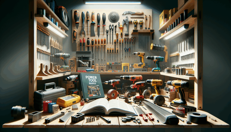 alt_text: Bright workshop with power tools, blades, battery, and "Power Tool Basics" title.