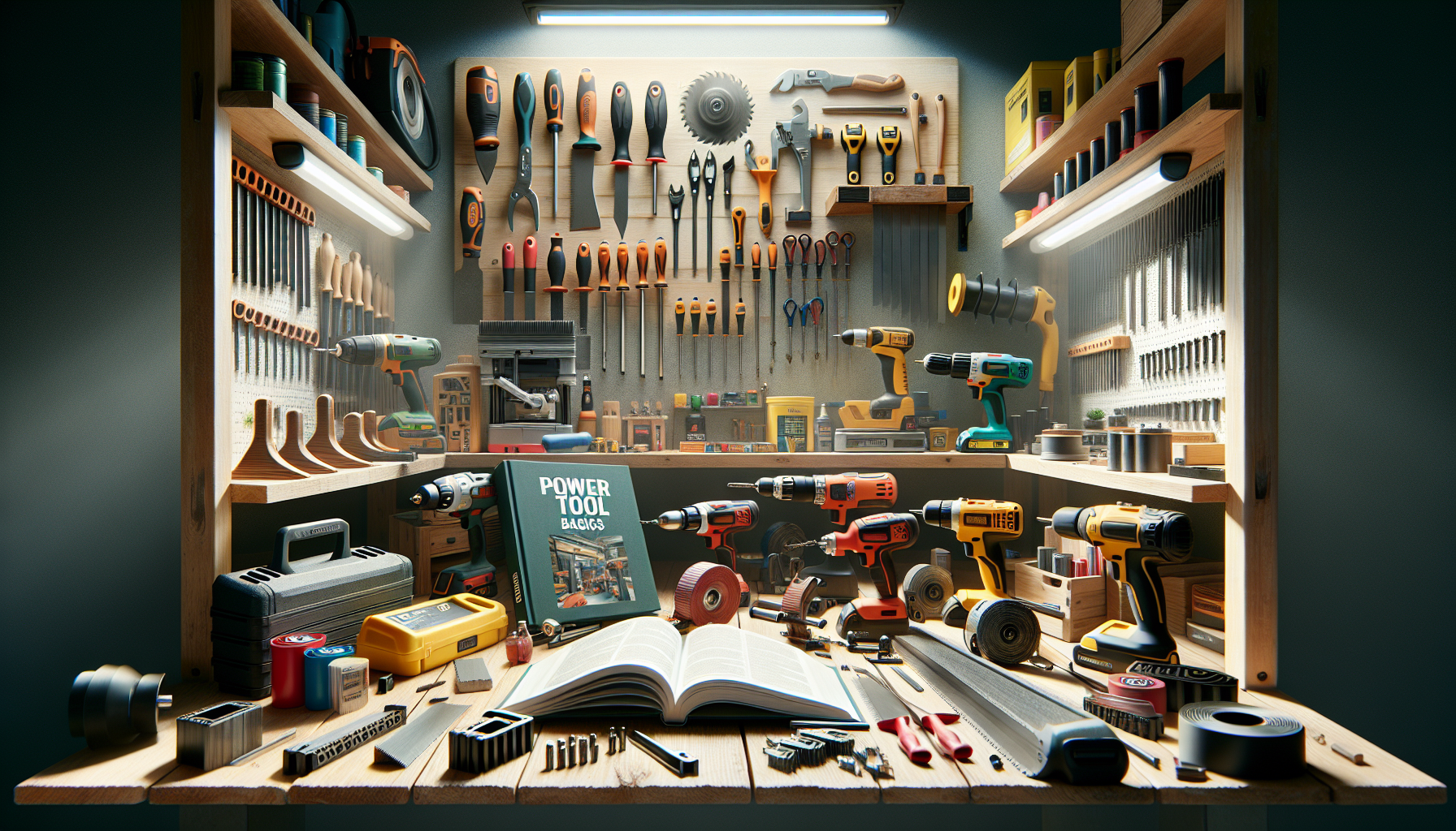 alt_text: Bright workshop with power tools, blades, battery, and "Power Tool Basics" title.