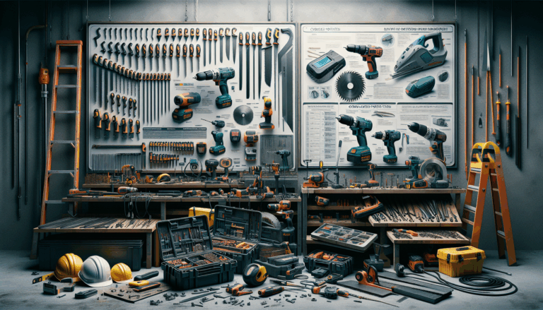 A workshop with cordless tools, blades, safety features, and battery info for Power Tool Basics.