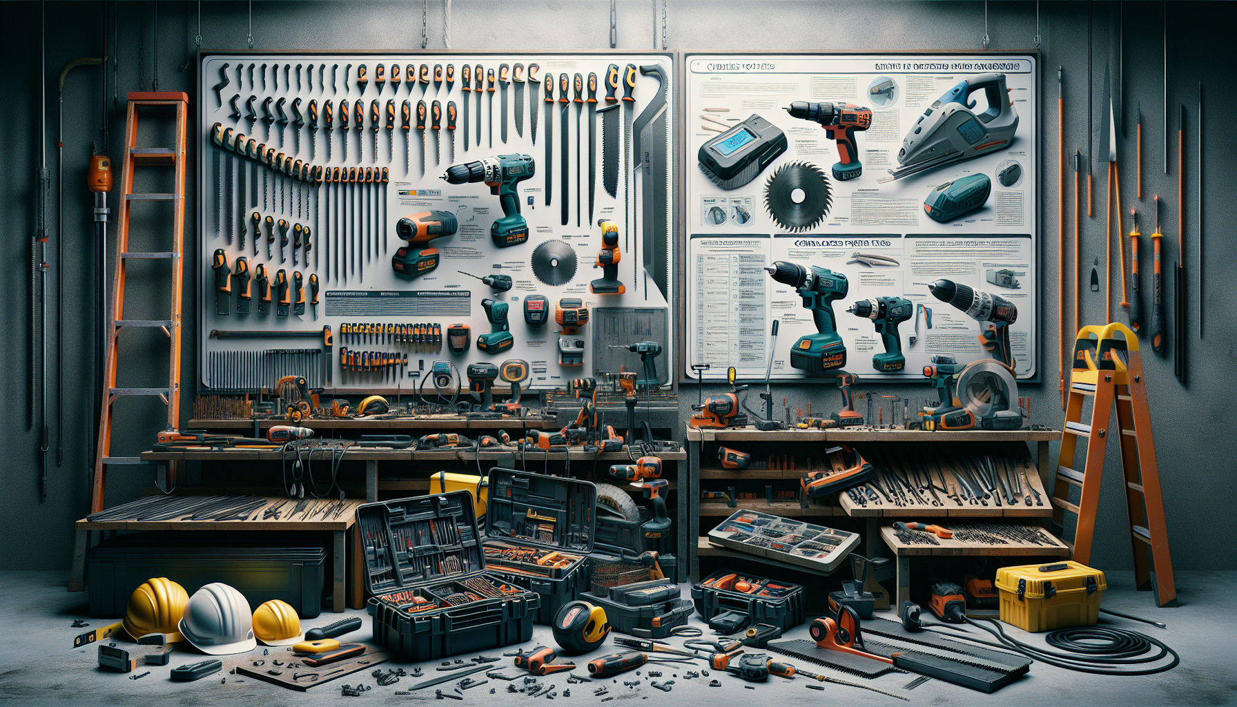 A workshop with cordless tools, blades, safety features, and battery info for Power Tool Basics.