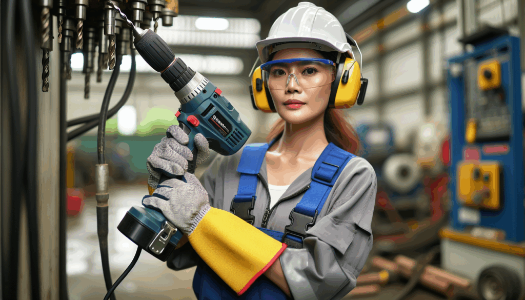 alt_text: A worker in safety gear uses an electric hammer drill, emphasizing protective equipment's importance.