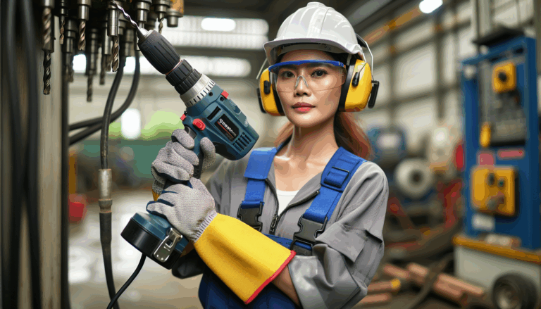 alt_text: A worker in safety gear uses an electric hammer drill, emphasizing protective equipment's importance.