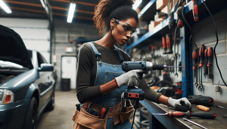alt_text: A focused person uses power tools safely in a tidy workspace, showcasing essential safety gear.