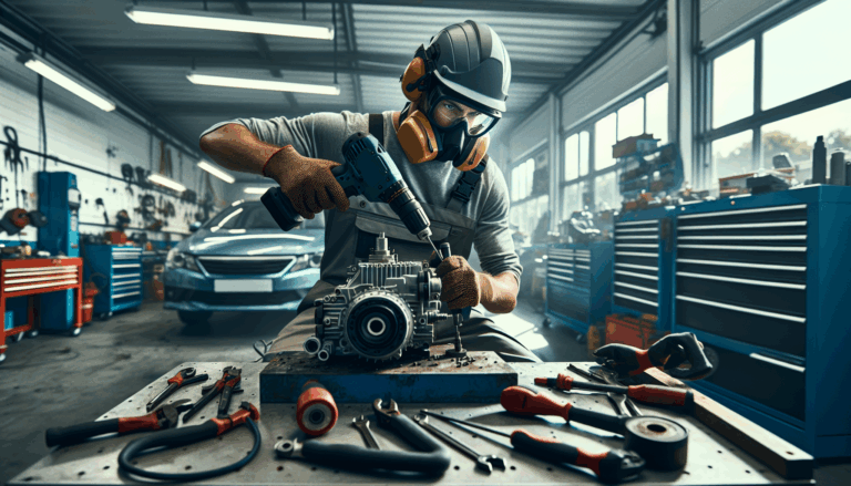 alt_text: A focused worker in safety gear uses power tools in a clean vehicle workshop, emphasizing safety.