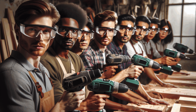alt_text: Diverse individuals in a workshop wear safety eyewear while using power tools, emphasizing eye safety.