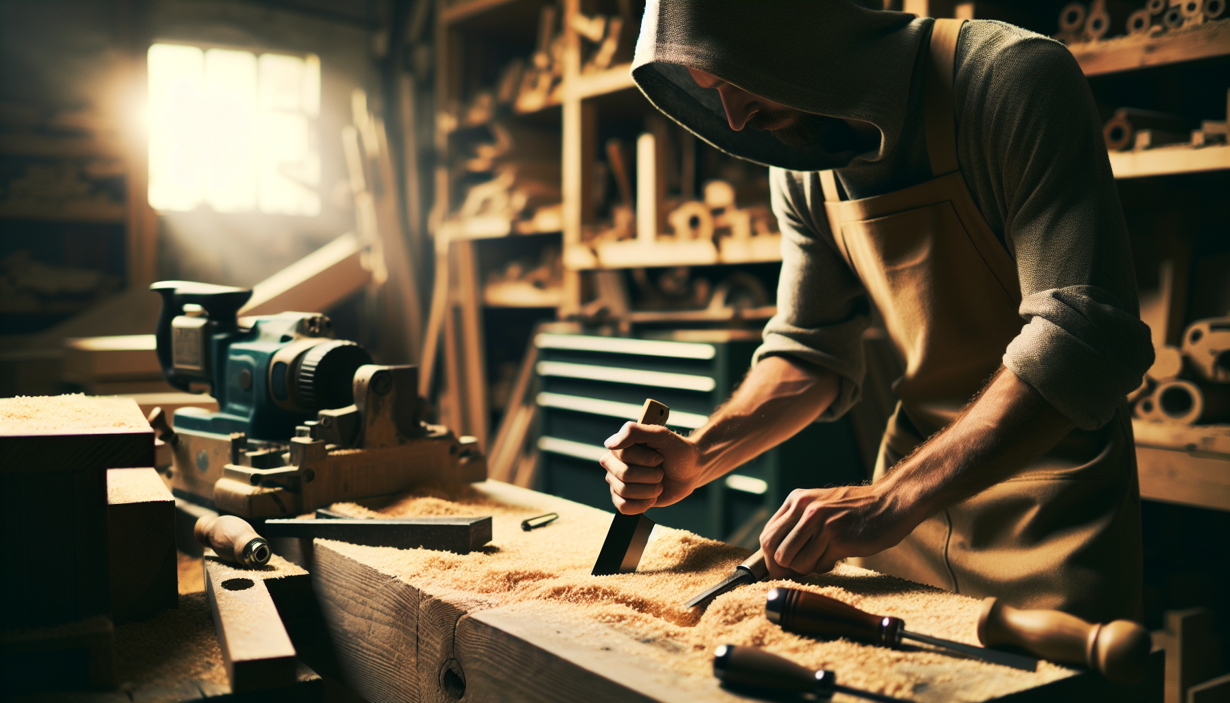 alt_text: A workshop scene showing tool cleaning with a chisel, emphasizing maintenance for woodworking tools.