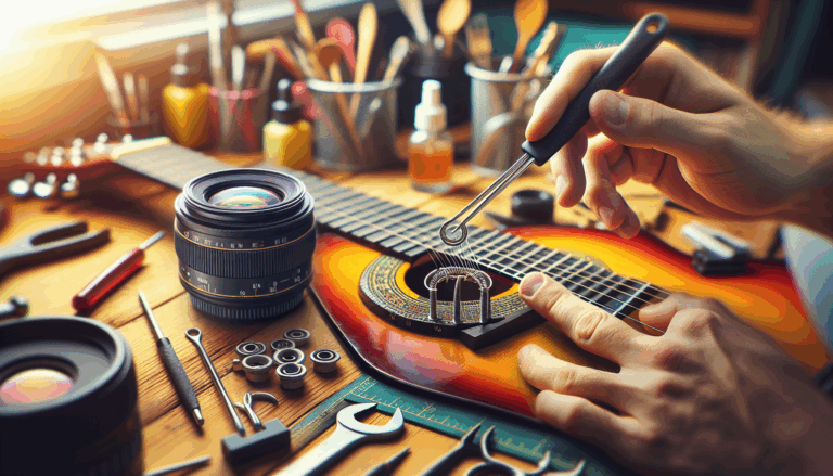 alt_text: A hand using a string winder on a guitar, showcasing tools in a vibrant, inviting workspace.