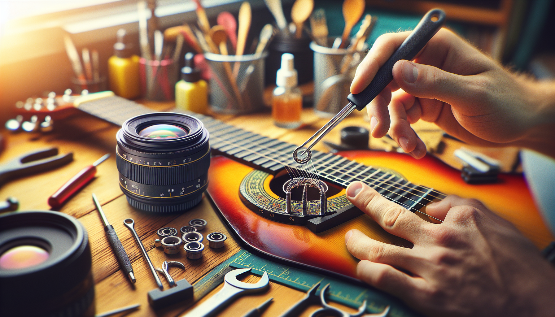 alt_text: A hand using a string winder on a guitar, showcasing tools in a vibrant, inviting workspace.