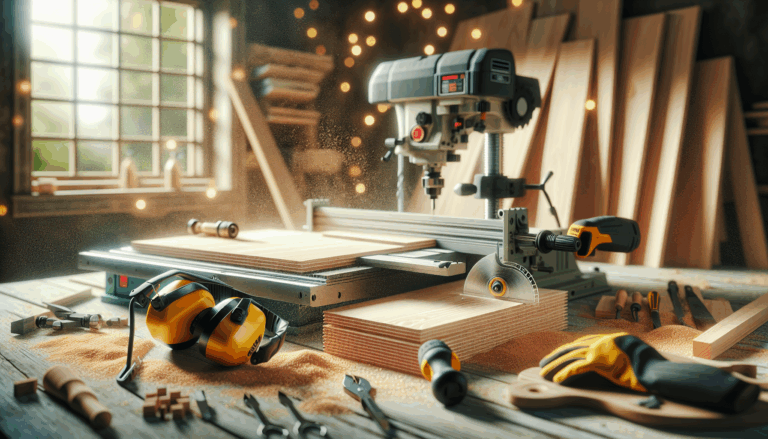 alt_text: A workshop with power tools and plywood, showcasing precision cuts and safety gear for woodworking.