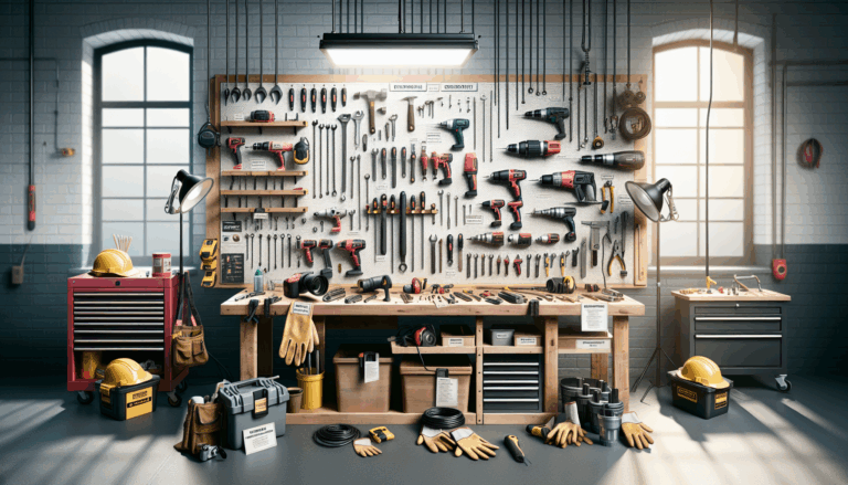 Workshop with power tools, safety gear, and educational labels, inviting beginners to learn.