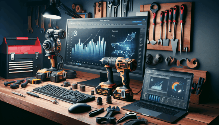 alt_text: A sleek workspace blending power tools and digital analytics, highlighting data-driven marketing success.