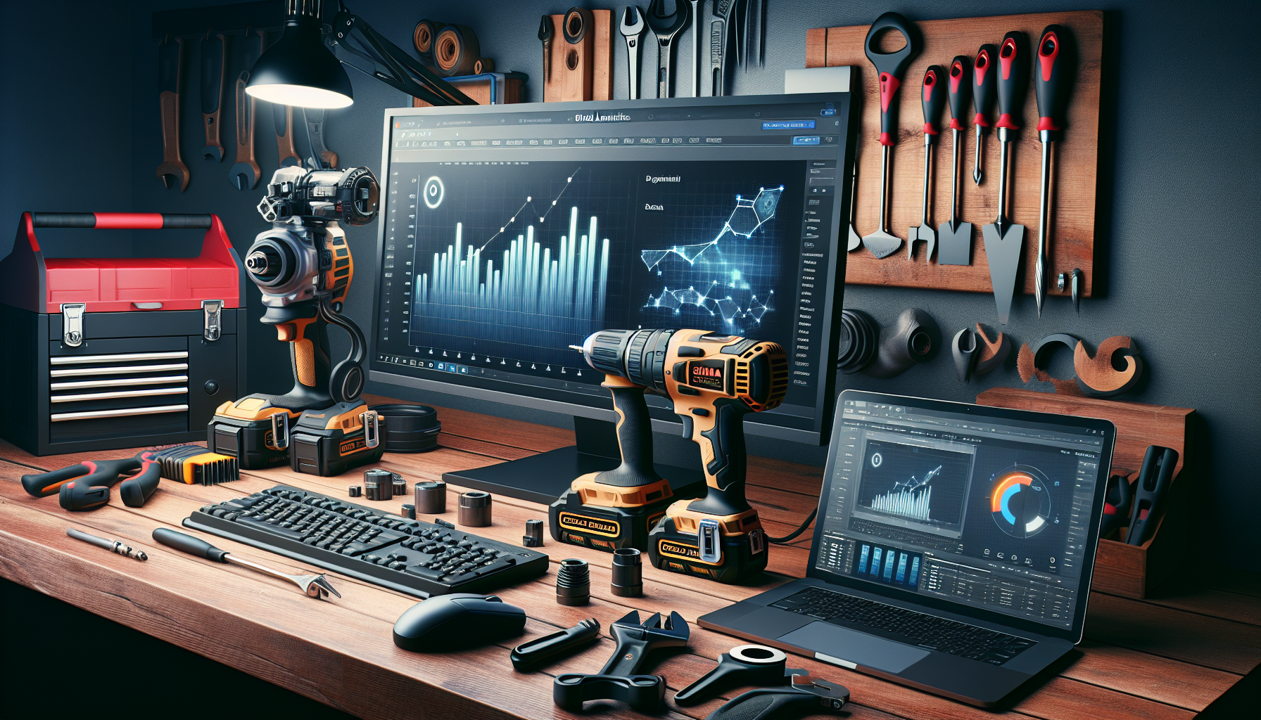 alt_text: A sleek workspace blending power tools and digital analytics, highlighting data-driven marketing success.