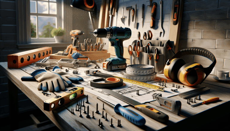 Well-lit workbench with modern power tools, safety gear, and home improvement hints.