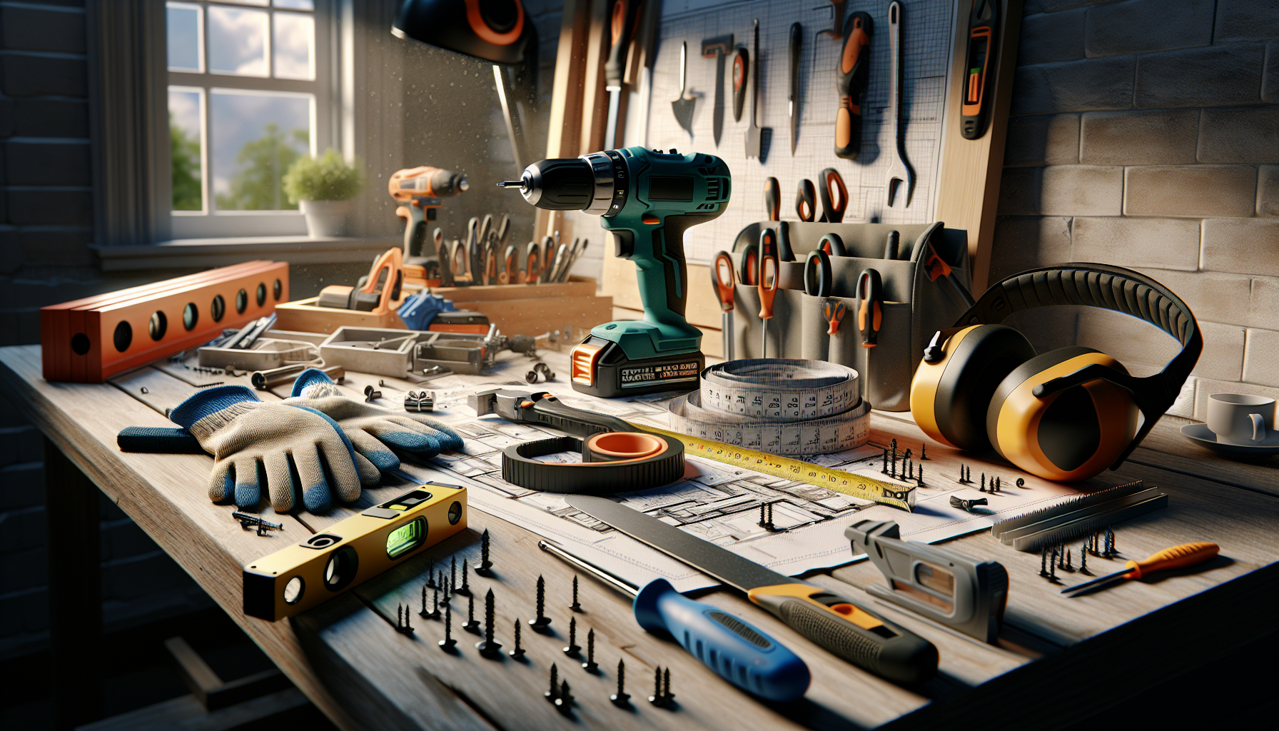Well-lit workbench with modern power tools, safety gear, and home improvement hints.