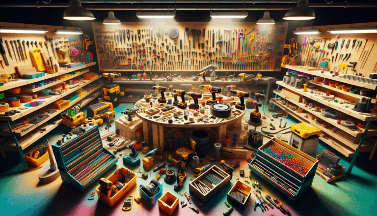 alt_text: A vibrant workspace with power tools and colorful DIY projects, inviting creativity and craftsmanship.
