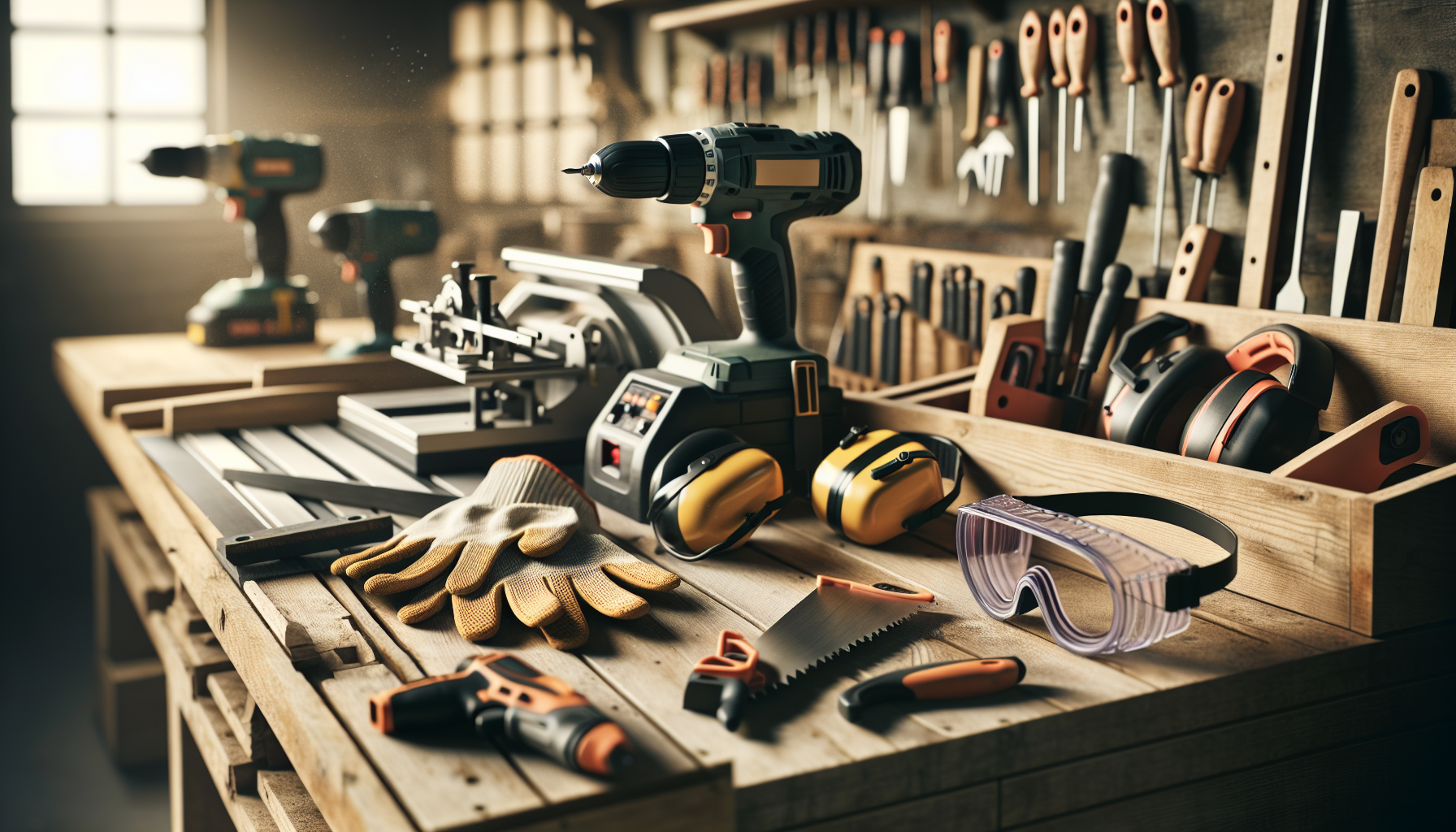 alt_text: A well-lit workshop showcasing power tools and safety gear, emphasizing safe DIY practices.