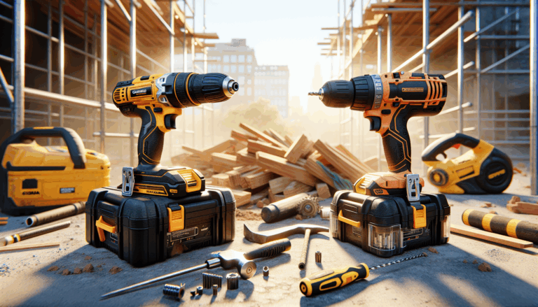 alt_text: Side-by-side comparison of Milwaukee and Ryobi tools in a vibrant construction scene.