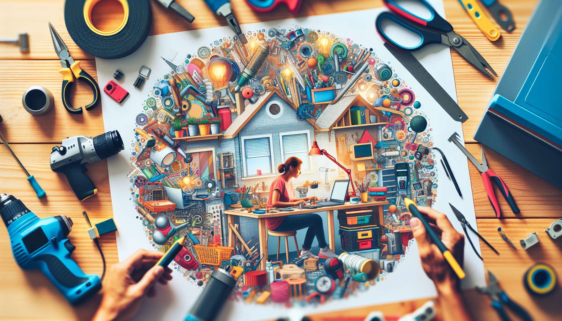 alt_text: A vibrant workspace with budget-friendly power tools and a creative individual engaging in DIY projects.