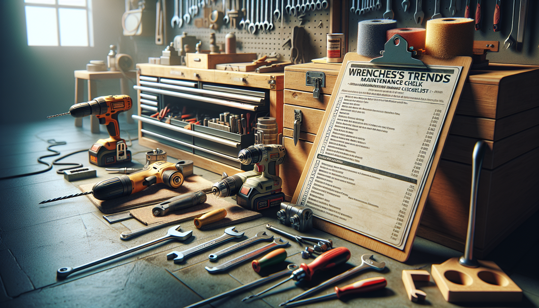 alt_text: A tidy workshop with power tools and a maintenance checklist emphasizes upkeep for longevity.