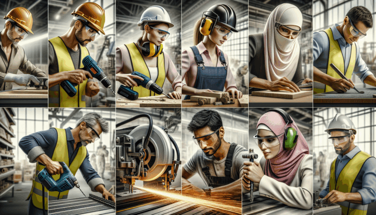 alt_text: Diverse workers use power tools safely in various industries, emphasizing precision and safety standards.