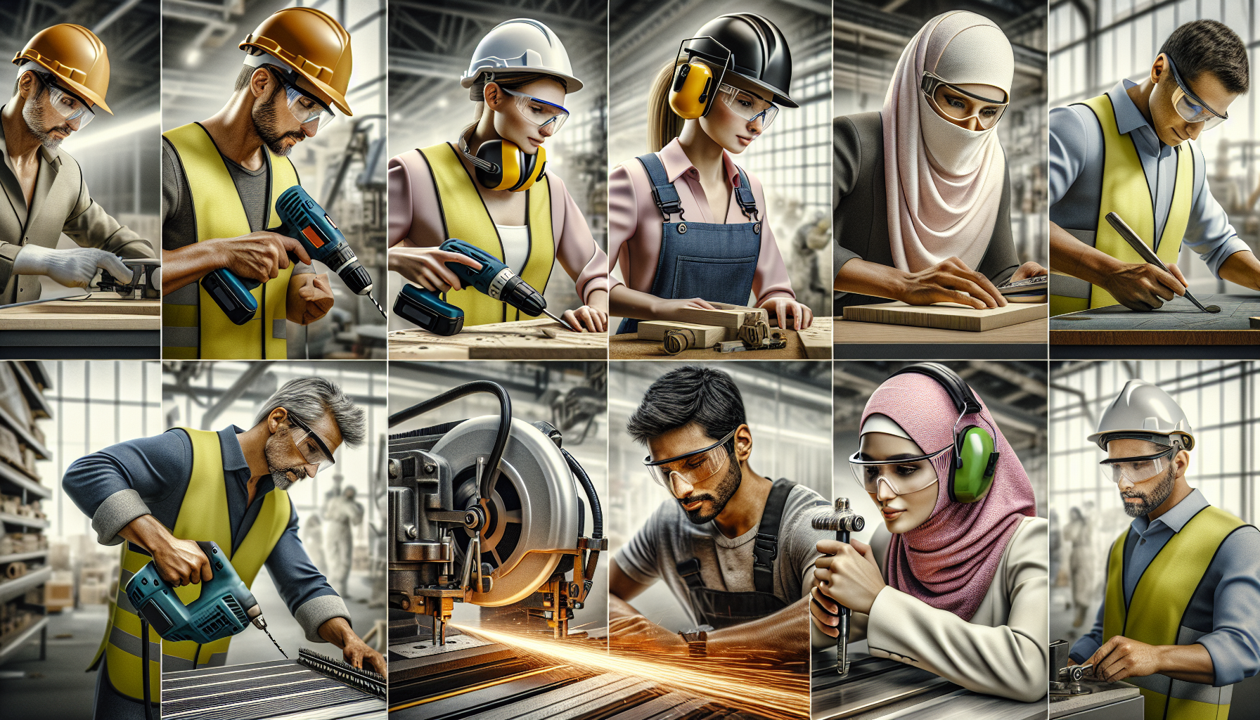 alt_text: Diverse workers use power tools safely in various industries, emphasizing precision and safety standards.