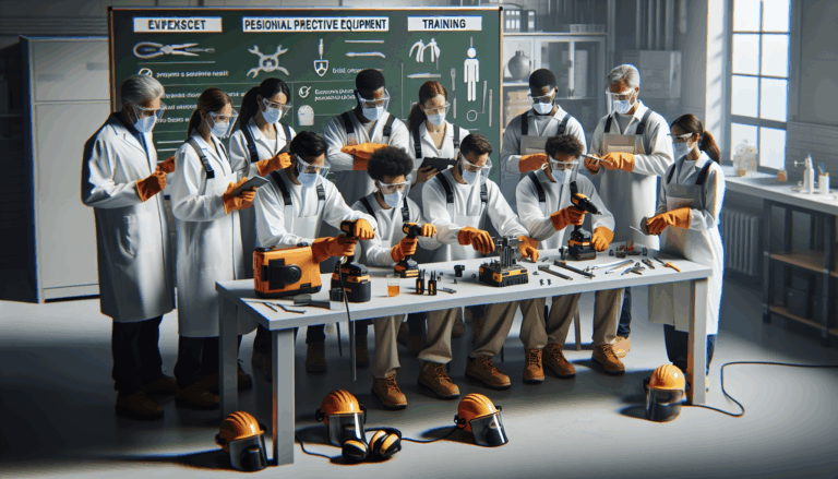 **alt_text:** Diverse lab team practicing safety with power tools, emphasizing PPE, training, and organization.