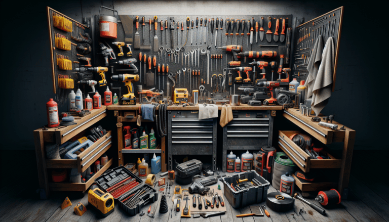 alt_text: A well-organized workshop showcases power tools and maintenance supplies, emphasizing care tips.