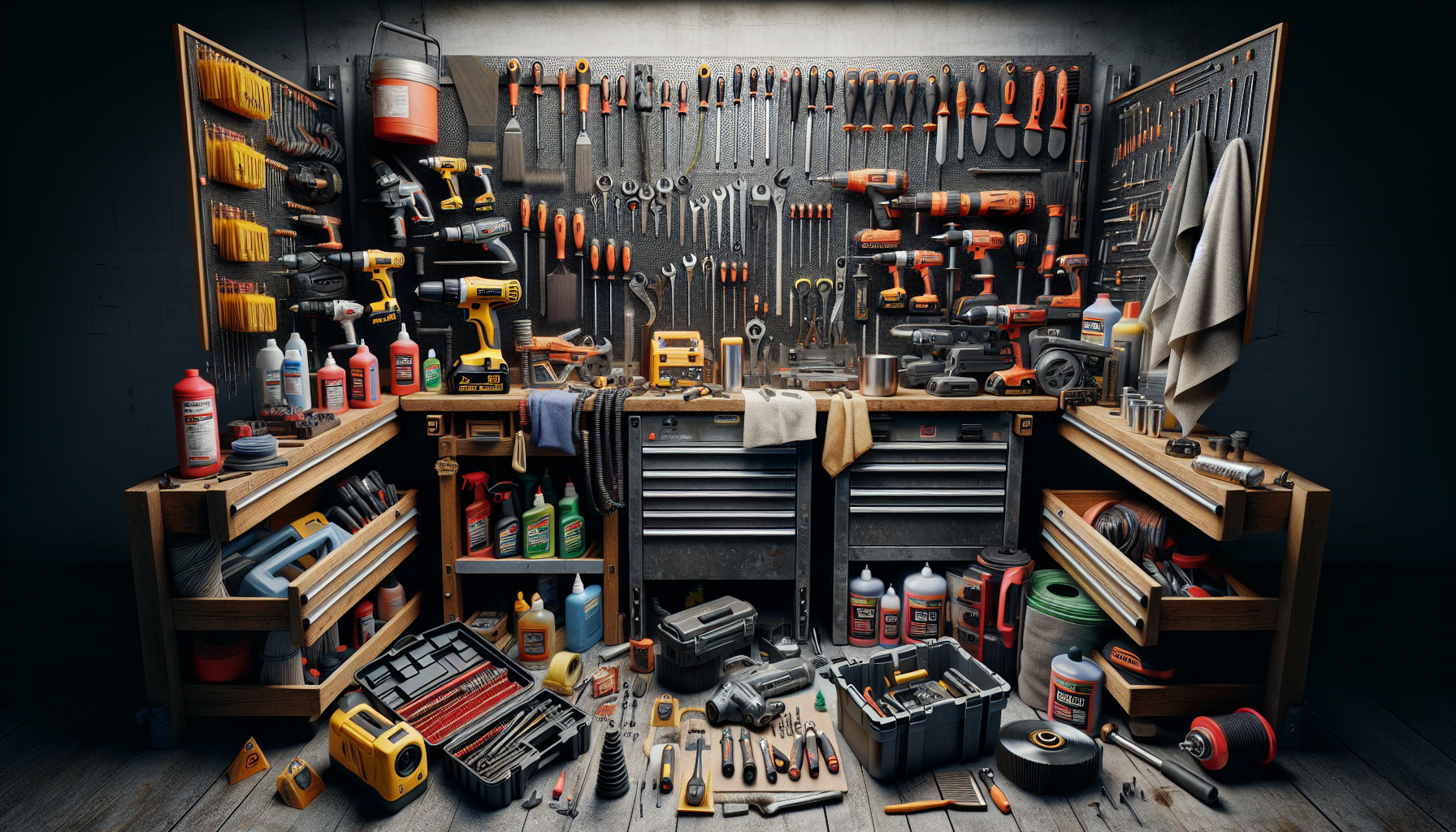 alt_text: A well-organized workshop showcases power tools and maintenance supplies, emphasizing care tips.