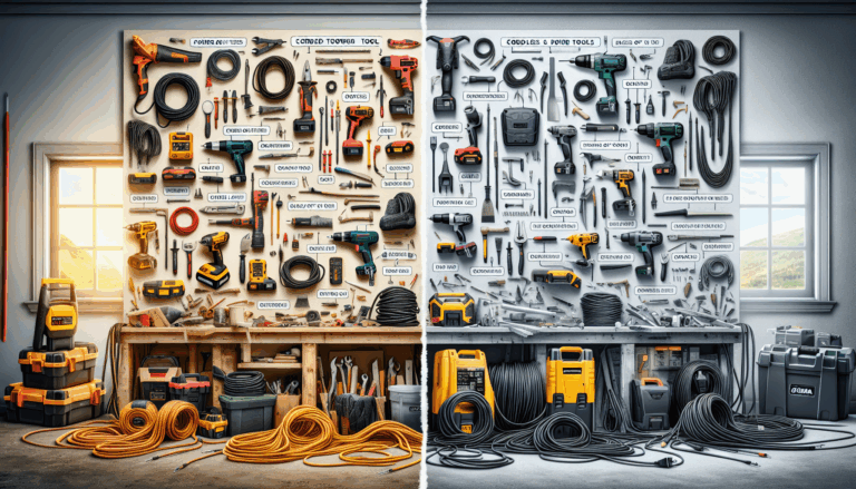 alt_text: A split image comparing corded and cordless power tools in a DIY workshop setting, highlighting features.