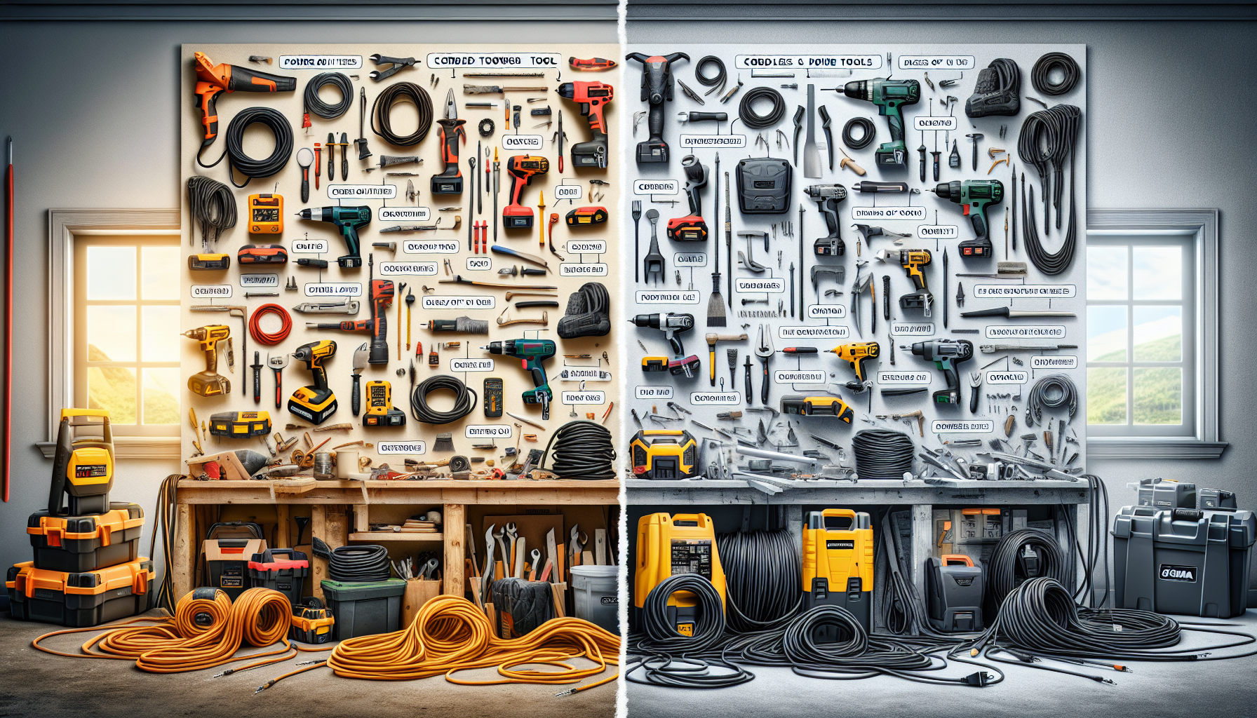 alt_text: A split image comparing corded and cordless power tools in a DIY workshop setting, highlighting features.