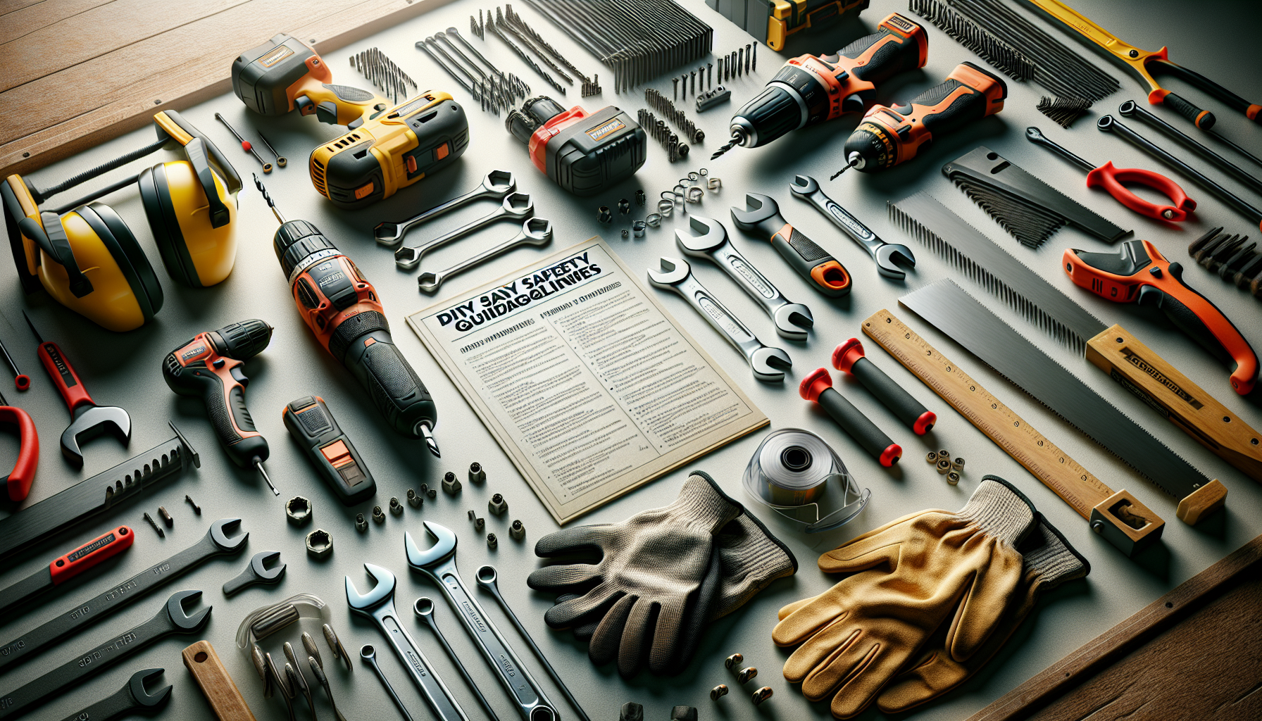alt_text: A workshop setting showcasing power tools, safety gear, and a manual for DIY safety guidelines.