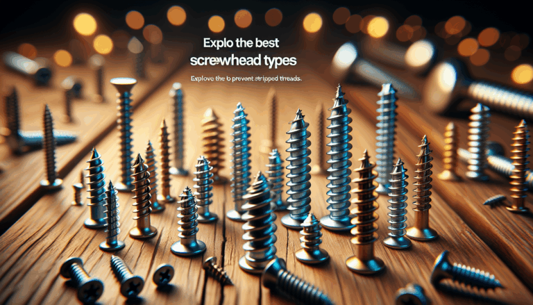 alt_text: Close-up of various screw types on wood, labeled with a bold title: 'Explore the Best Screwhead Types'.