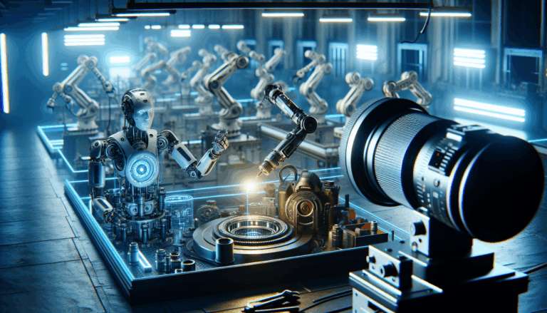 alt_text: AI-powered tools enhance safety and efficiency in a futuristic workshop, showcasing human-robot collaboration.