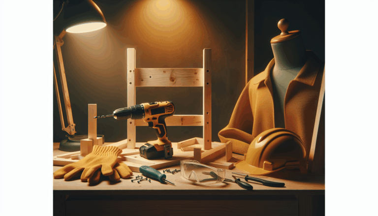 alt_text: A warm, inviting workspace with an electric drill, safety gear, and a DIY project in progress.